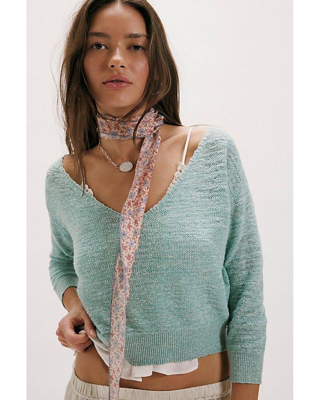Free People Blue Soft Focus Fine Gauge Linen Pullover