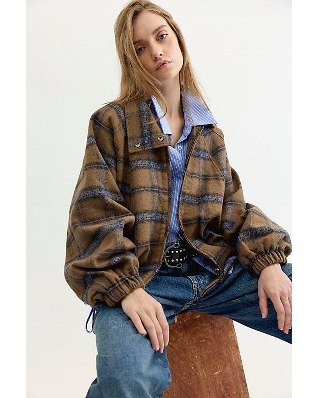 Free People Multicolor Chelsea Plaid Funnel-Neck Oversized Jacket