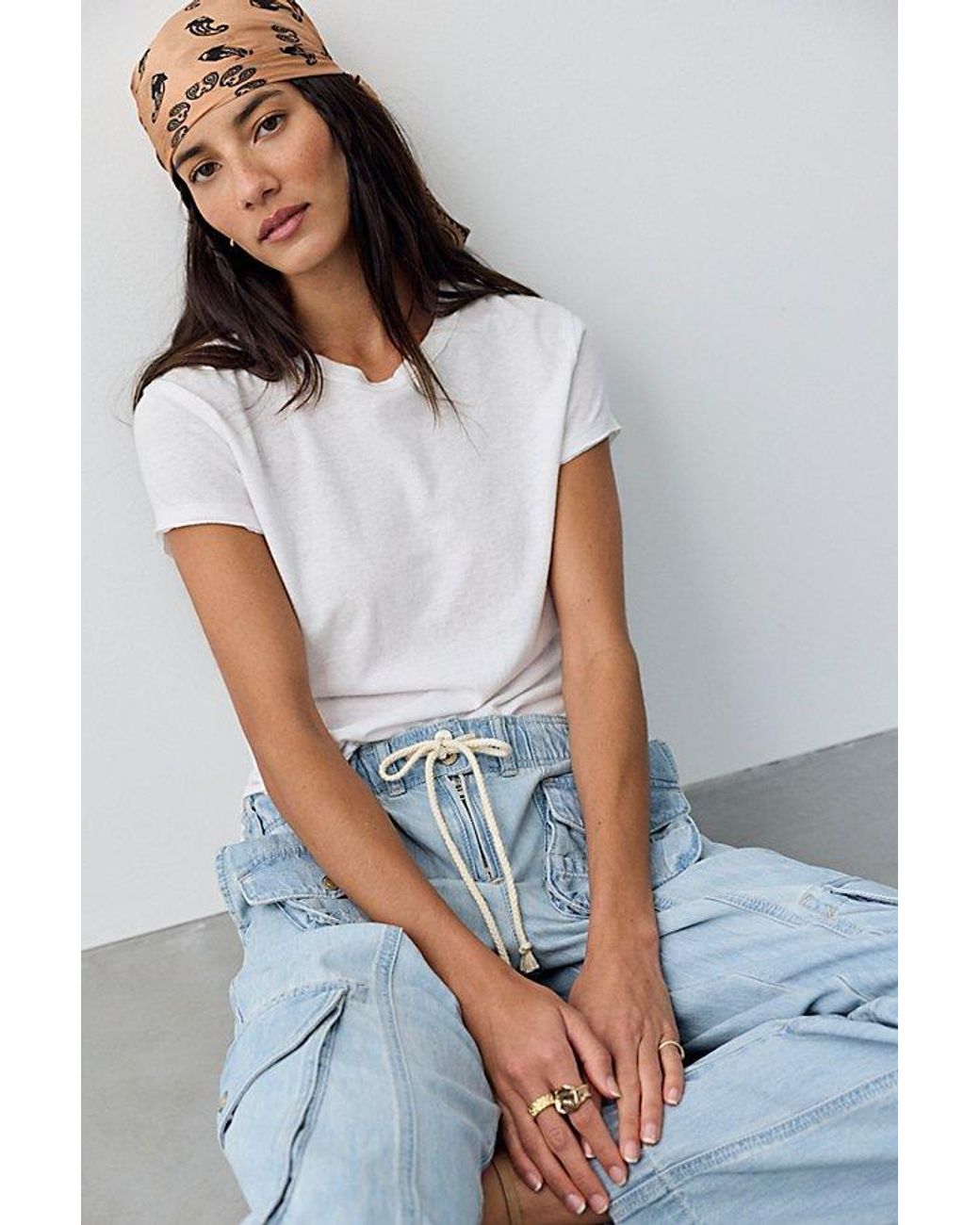 Free People Blue Tahiti Denim Pull-On Cargo Pants