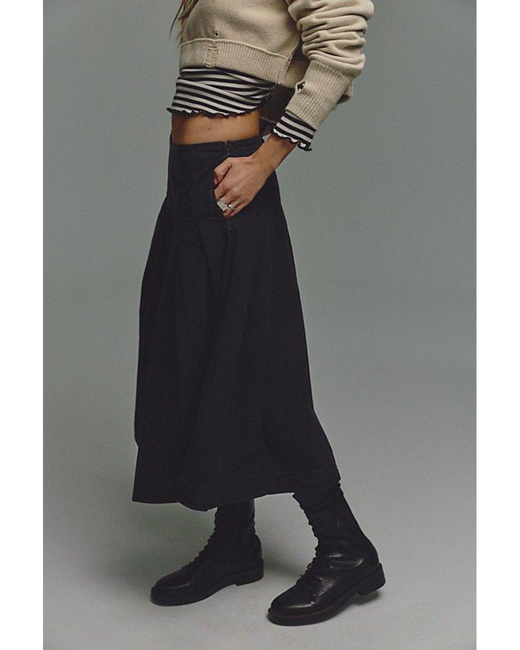Free People Gray Skipper Pleated Chino Midi Skirt