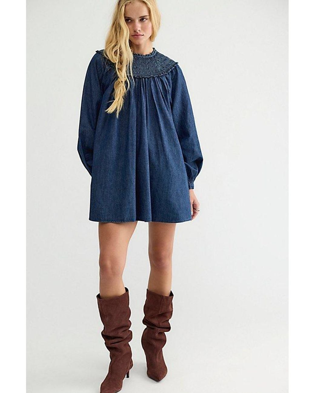 Free People Gray Morning Dew Smocked Mini Dress