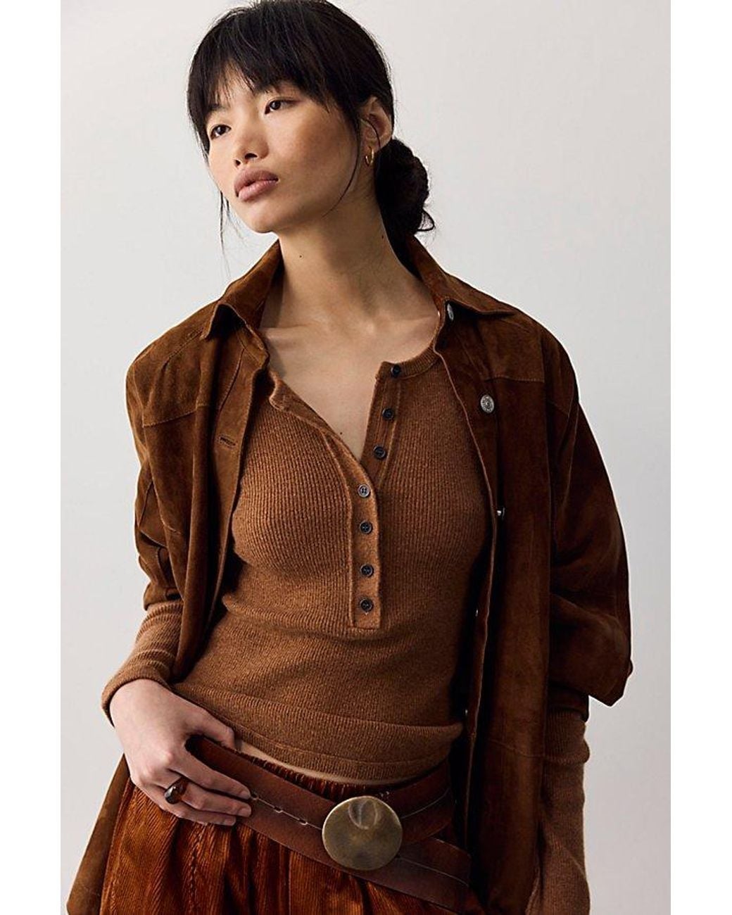 Free People Brown Hudson Solid Cashmere Henley