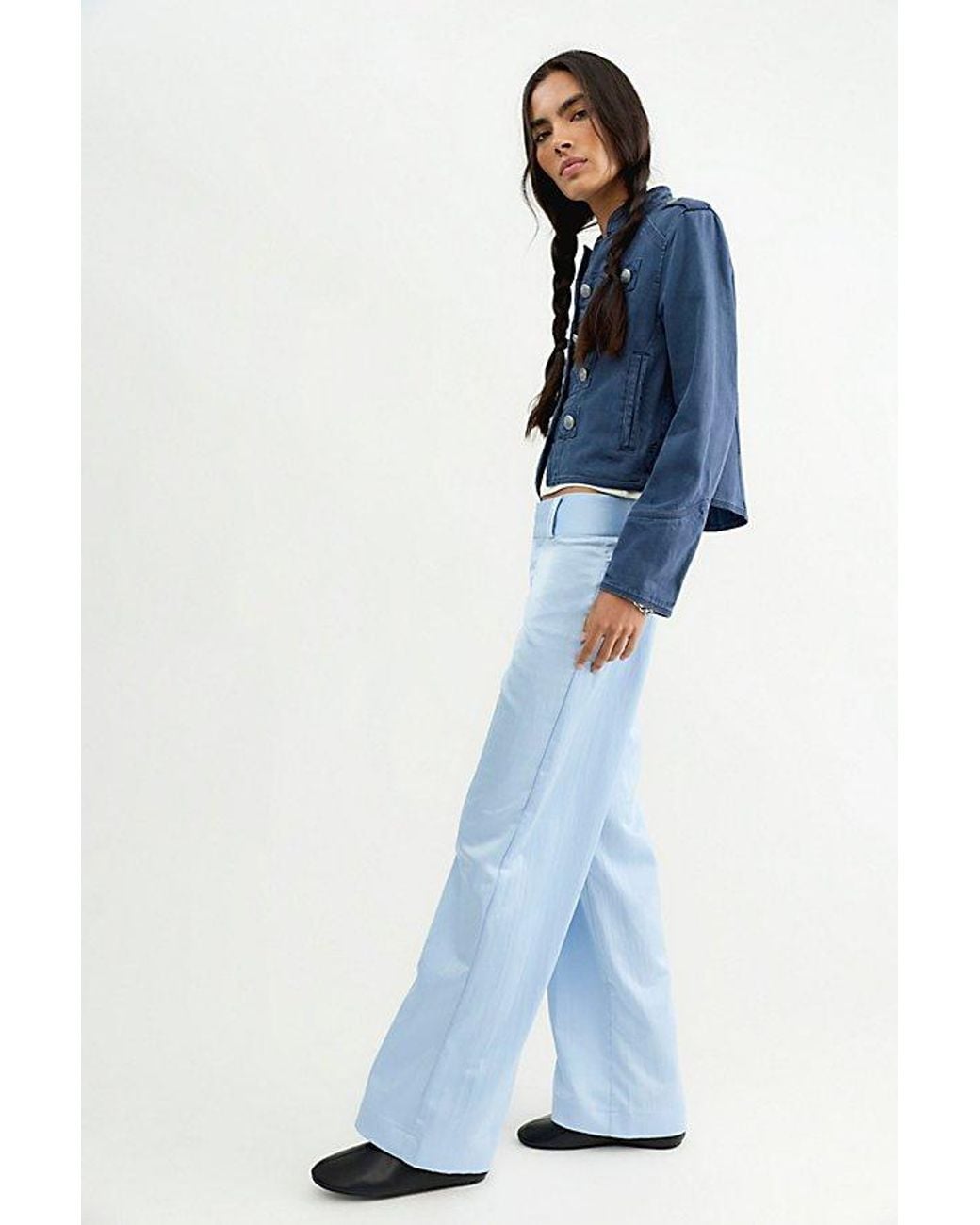 Free People Blue Time Flies Low-Rise Clean Satin Trousers