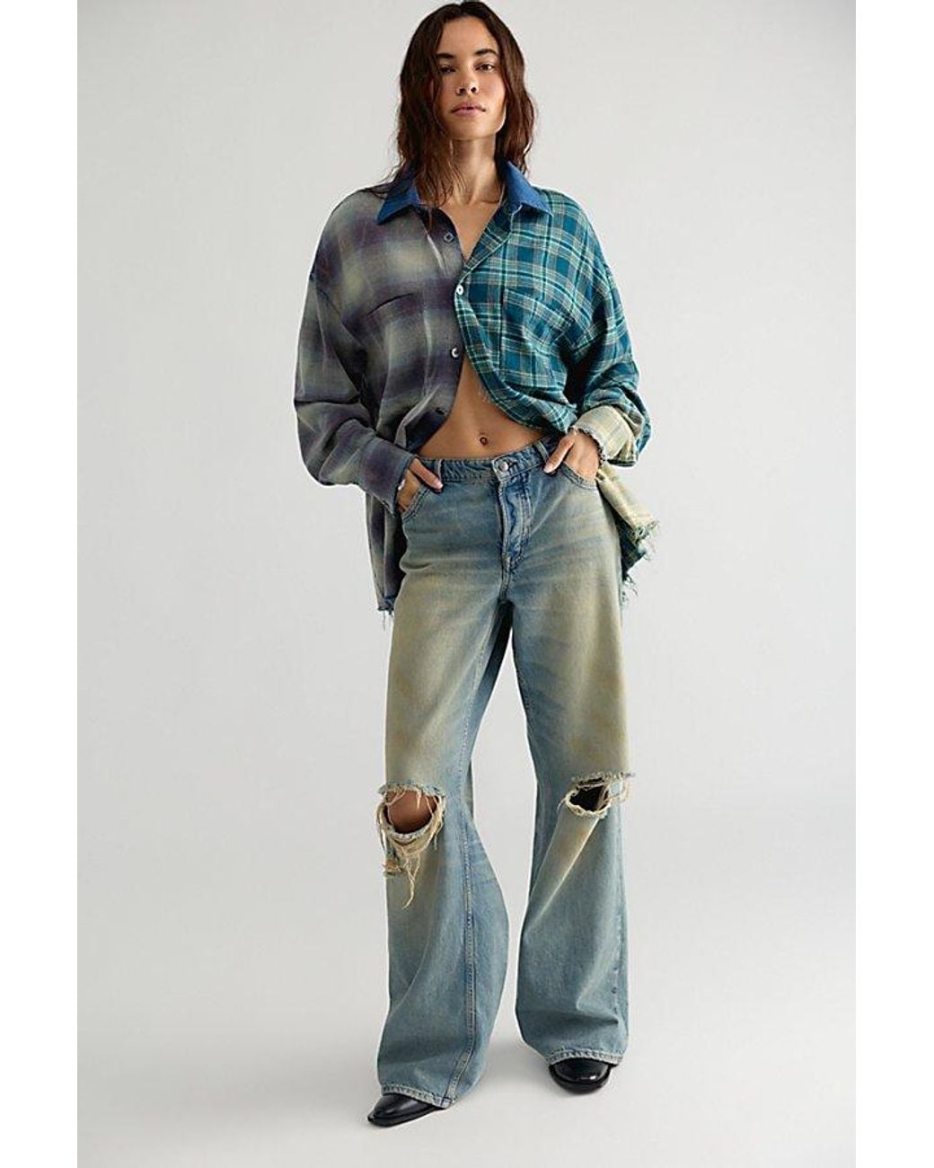 THE TALES Multicolor Half N' Half Flannel Button Down Top