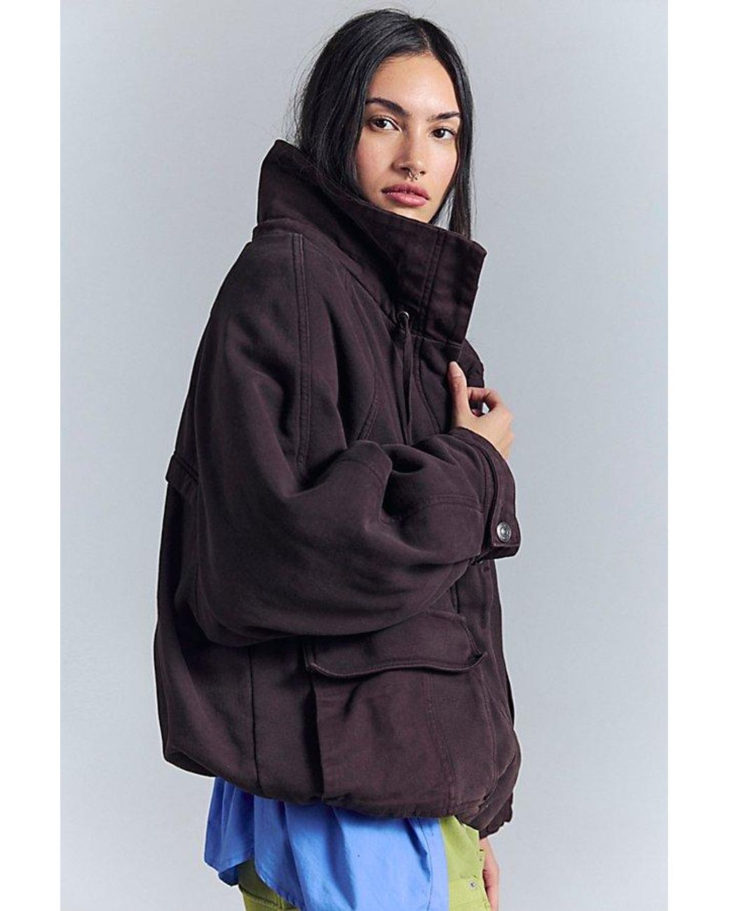 Free People Blue Jojo Washed Oversized Funnel-Neck Jacket