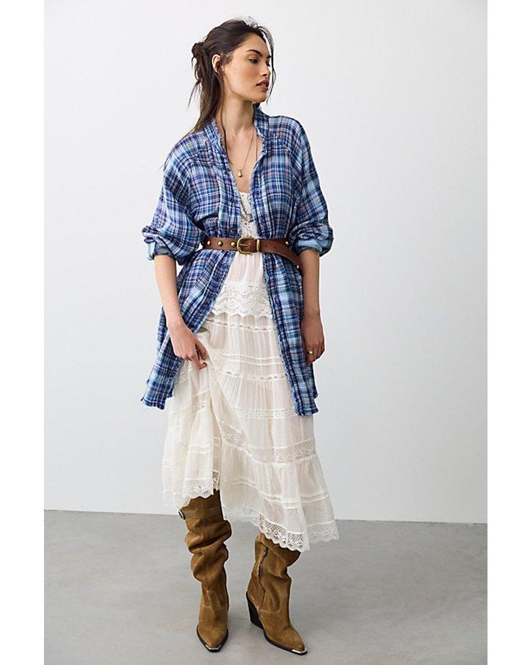 Free People Blue Summer Daydream Plaid Tunic