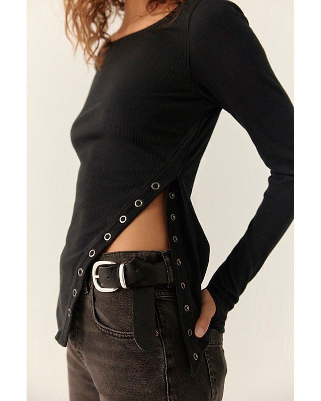 Free People Gray Over You Asymmetric Long Sleeve Top