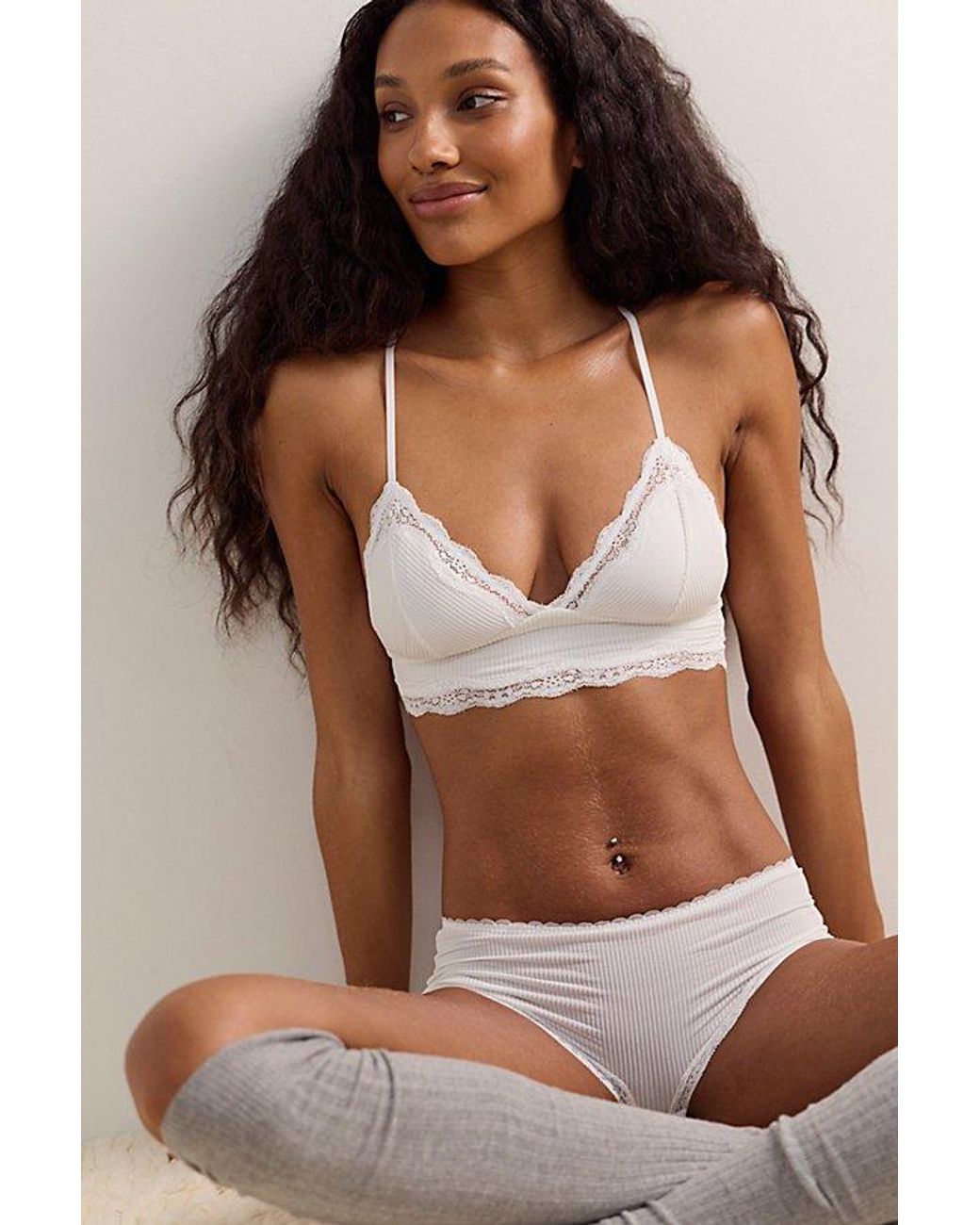 Intimately By Free People Black Charlie Lace Microfiber Ribbed Longline Triangle Bralette By