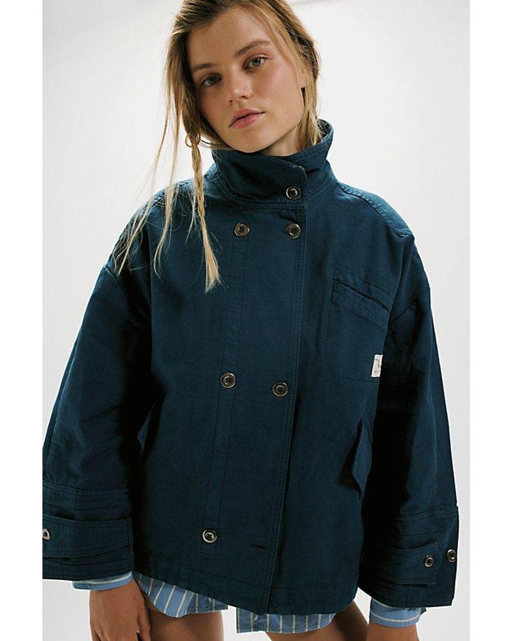 Free People Blue Collins Washed Canvas Funnel-Neck Jacket