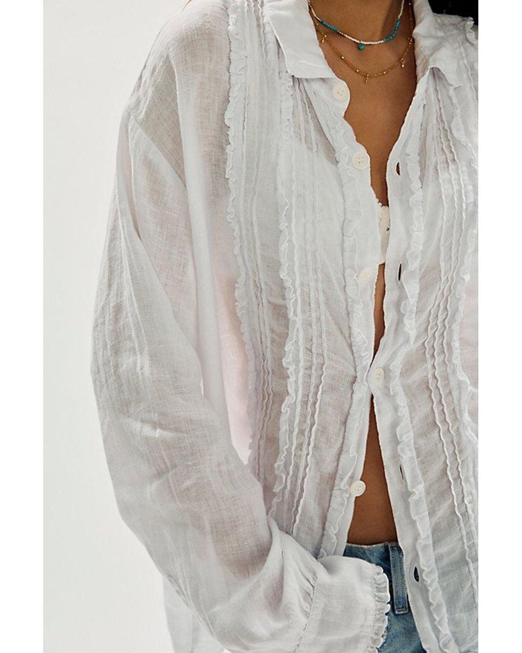Llea Blue White Tuxedo Linen Button Down Top By