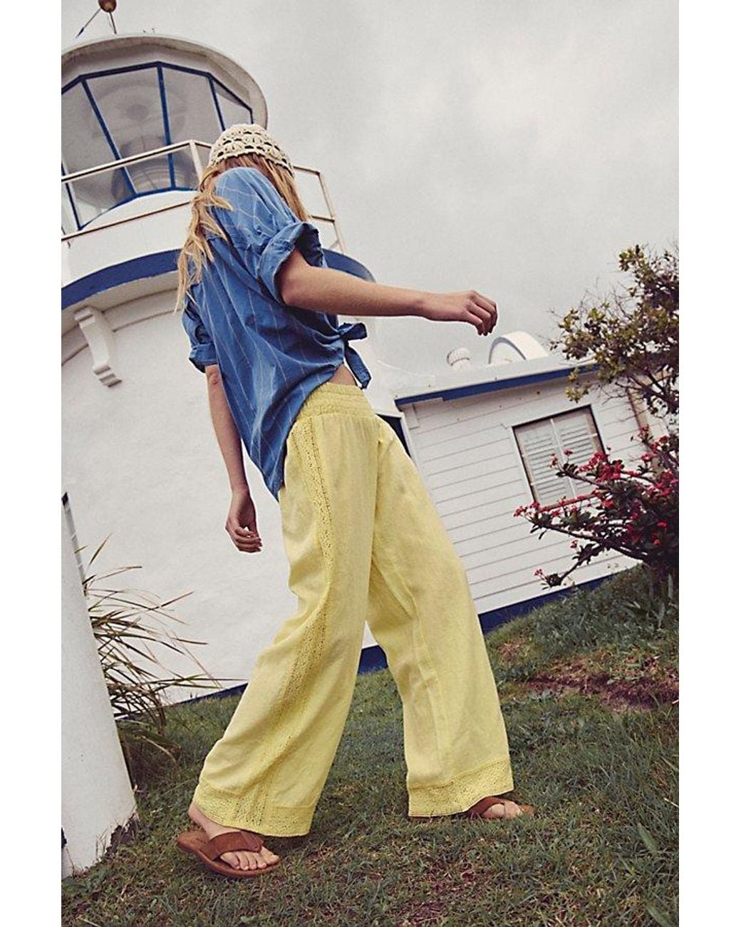 free-est Multicolor Seaside Cotton-Linen Lace Pants By