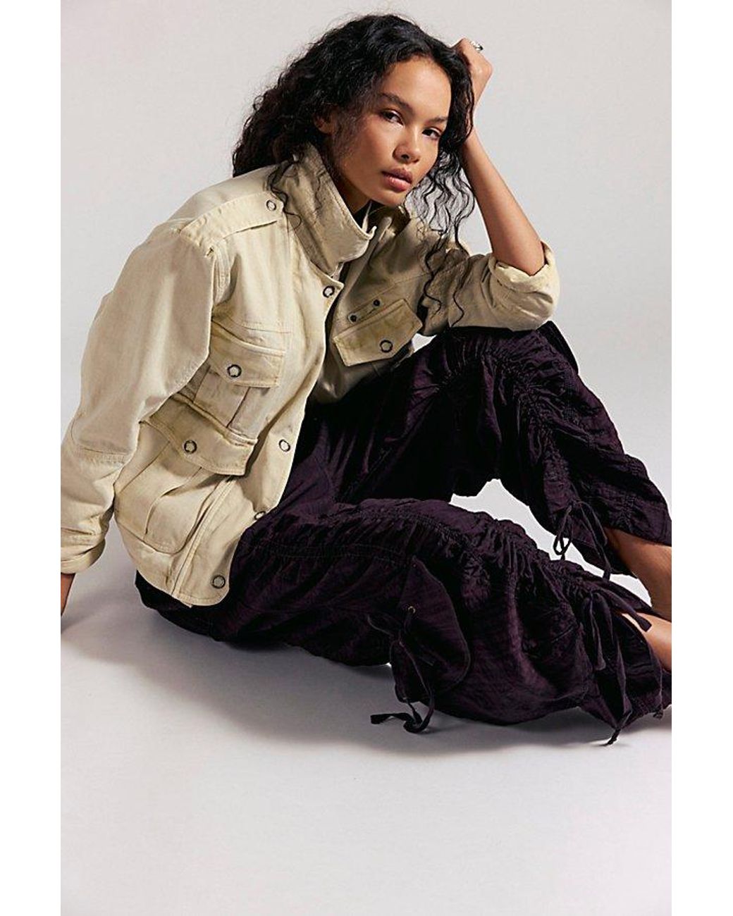 Free People Blue Scorpio Shirred Mid-Rise Cargo Trousers By
