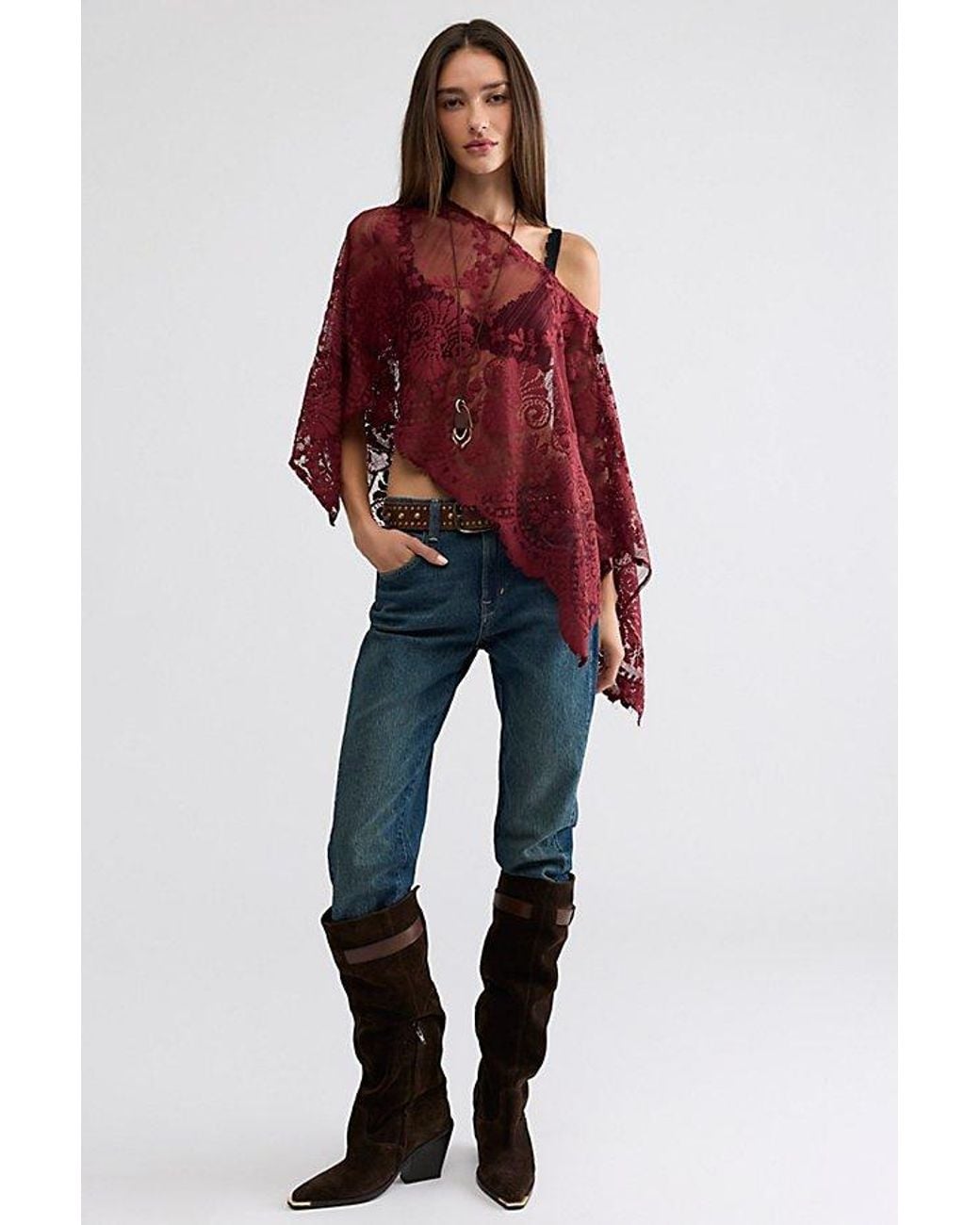 Free People Red Fp X Malai Lace Poncho Jacket