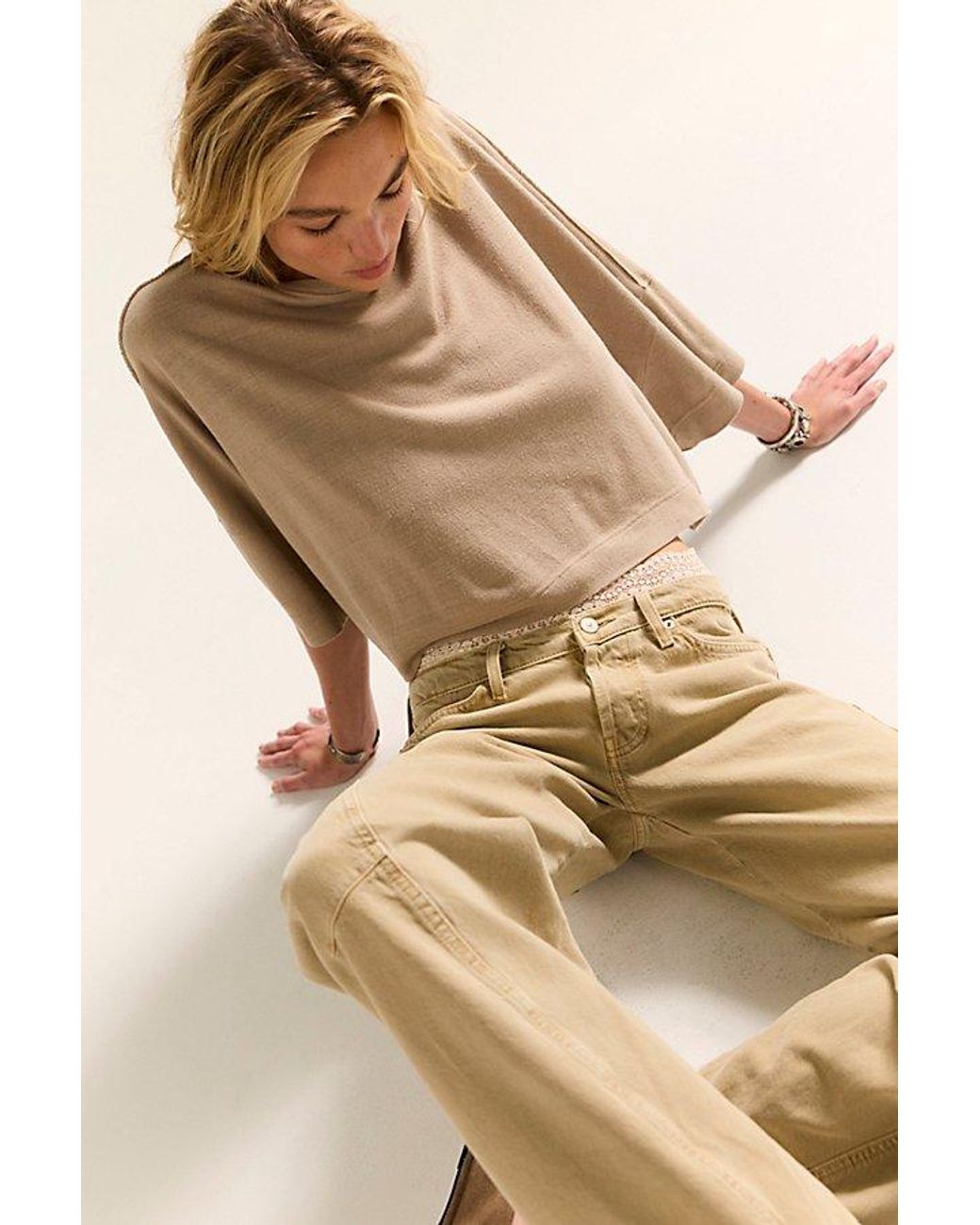 Free People Brown Boxy Crew-Neck Silk Tee