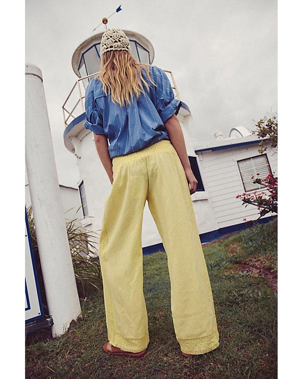 free-est Multicolor Seaside Cotton-Linen Lace Pants By