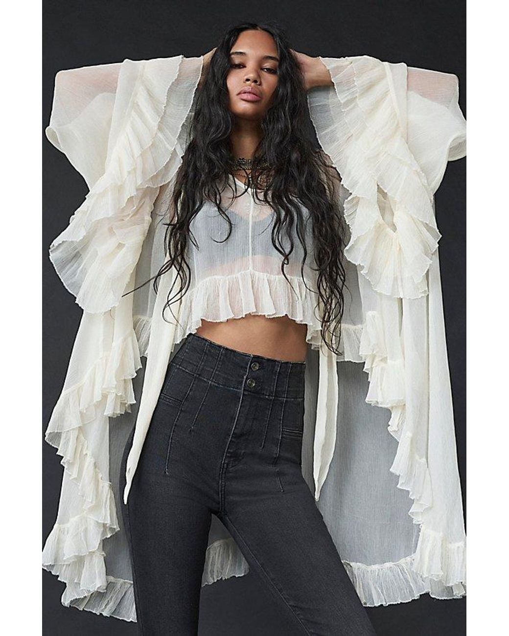 Free People Full Sleeve Frill Top in Natural | Lyst