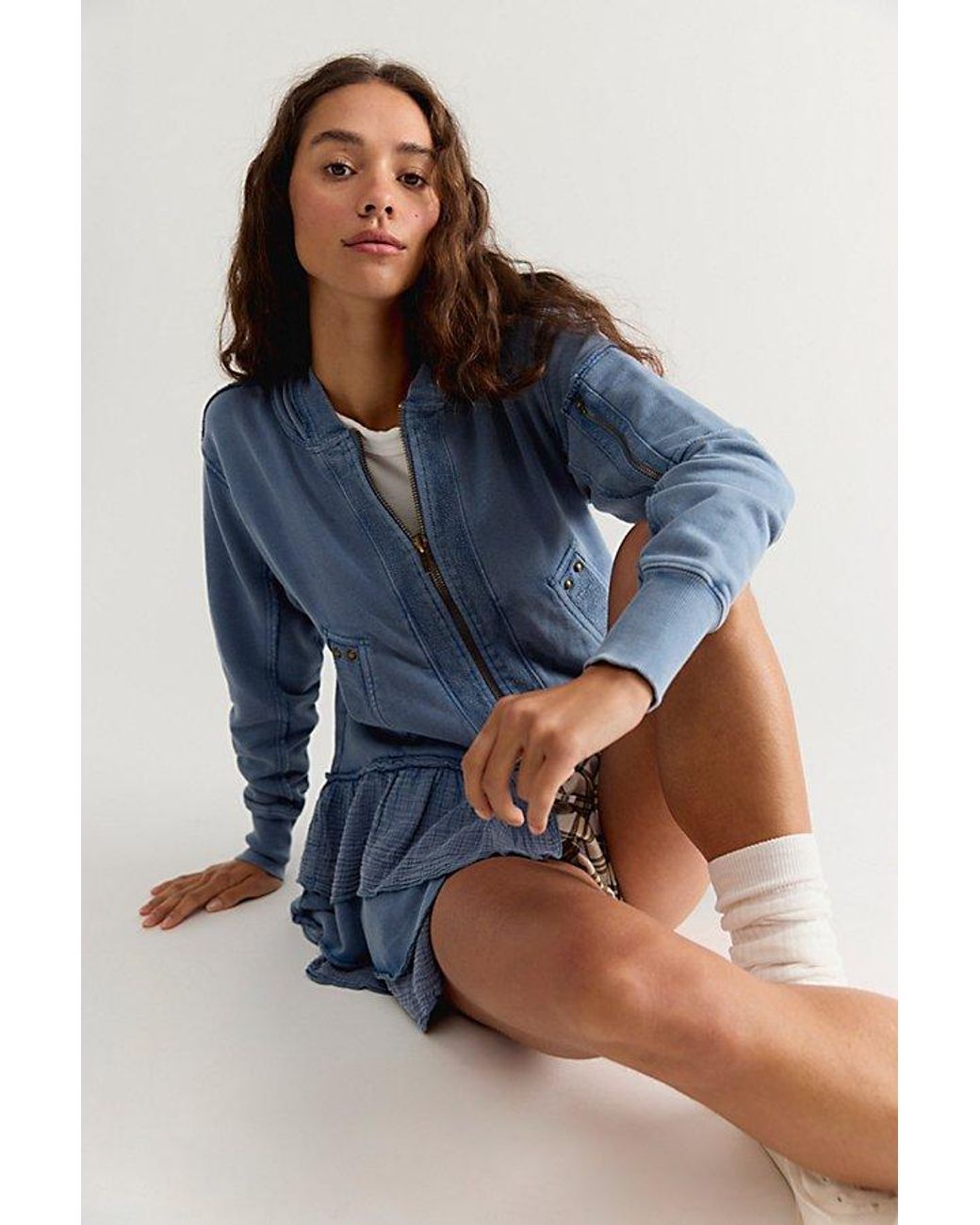 Free People Blue Piece Of Cake Zip-Up Cardi
