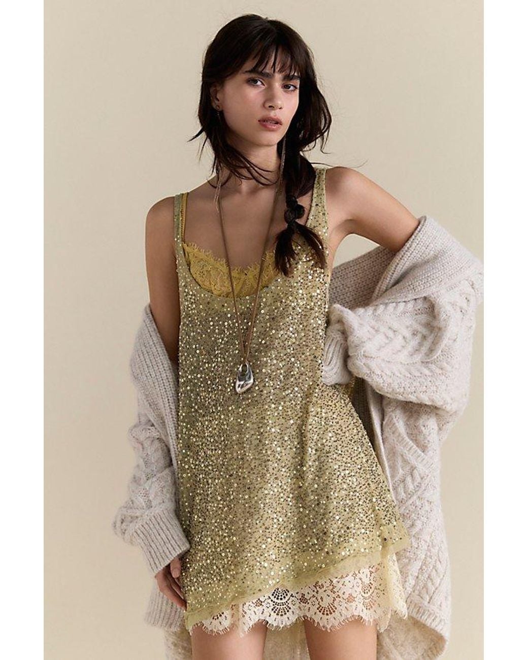 Intimately By Free People Natural All That Glitters Mini Slip Dress By