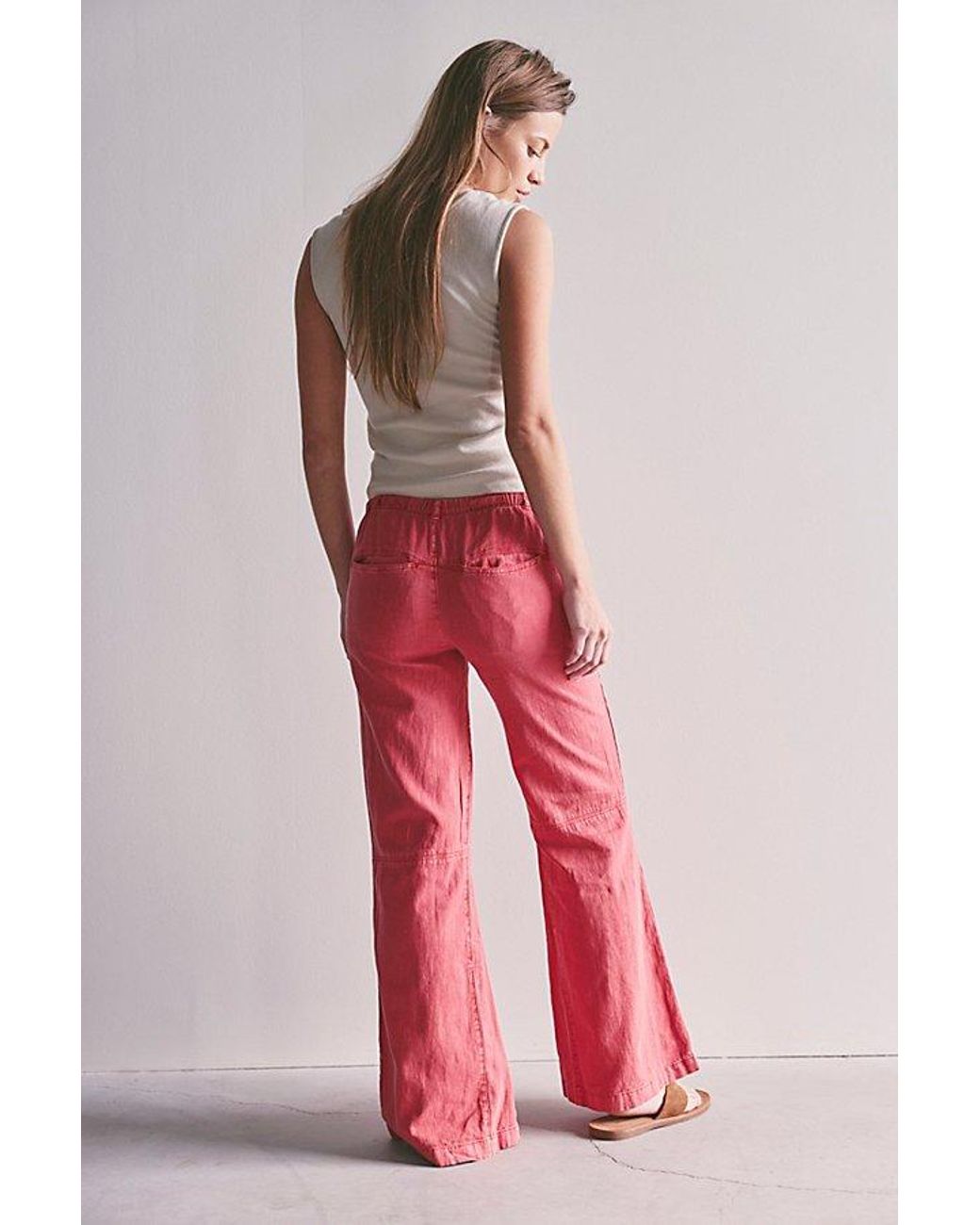 Free People Red Break The Ice Linen Slouch Flare Pants
