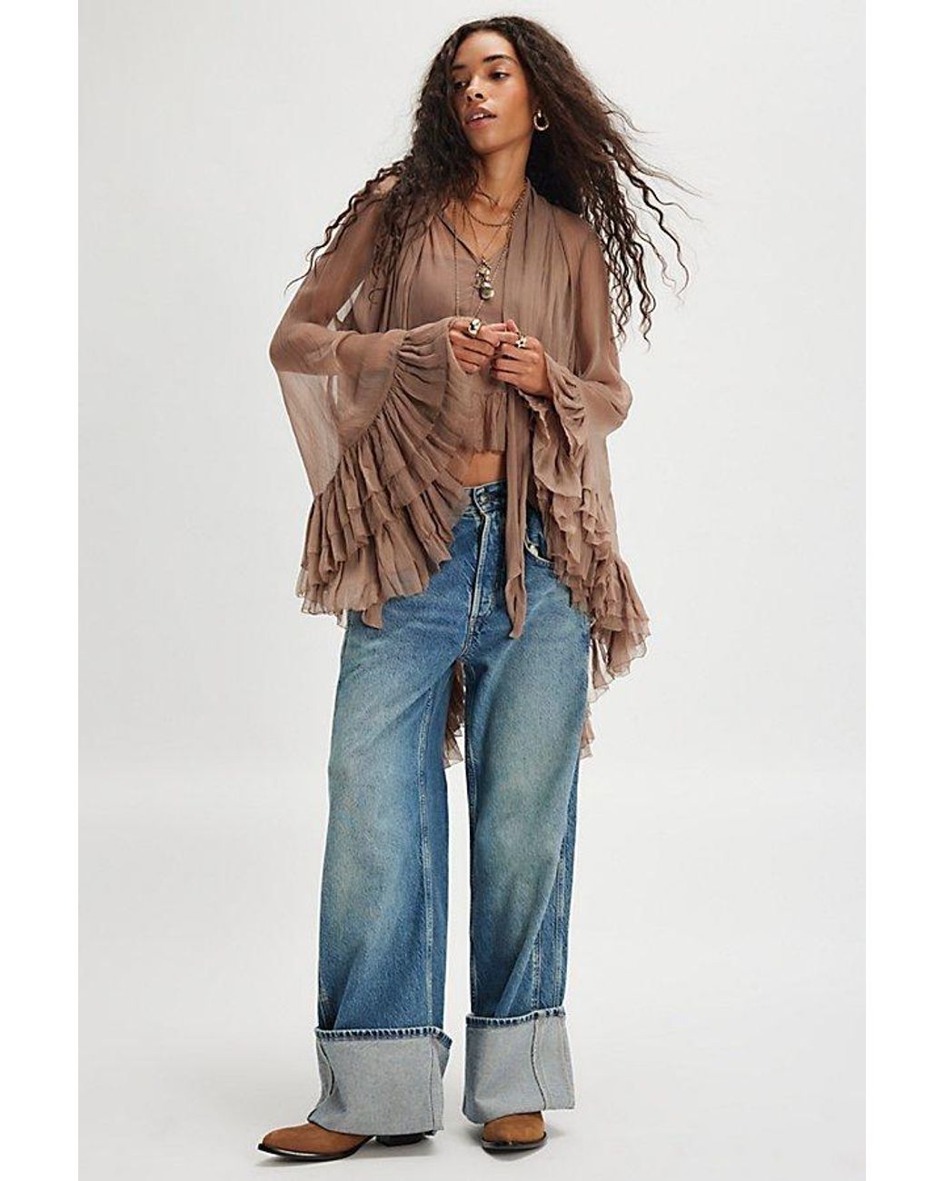 Free People Brown Full Sleeve Frill Top