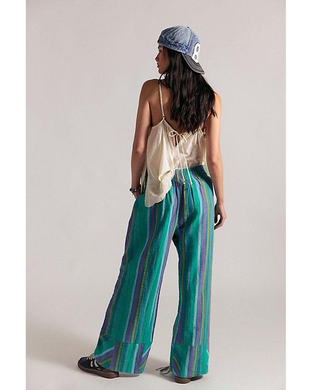 Free People Blue Day's End Linen Striped Pull-On Pants