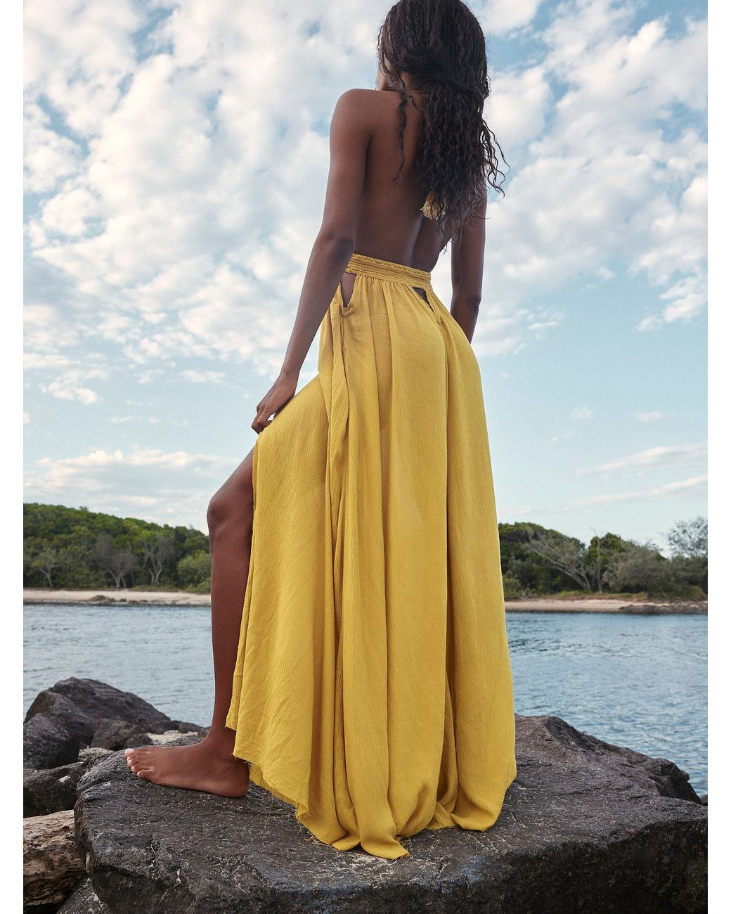 knee length dresses for ladies Sunlit Reflections Halter Maxi Dress Yellow – Gabi Swimwear main image 1