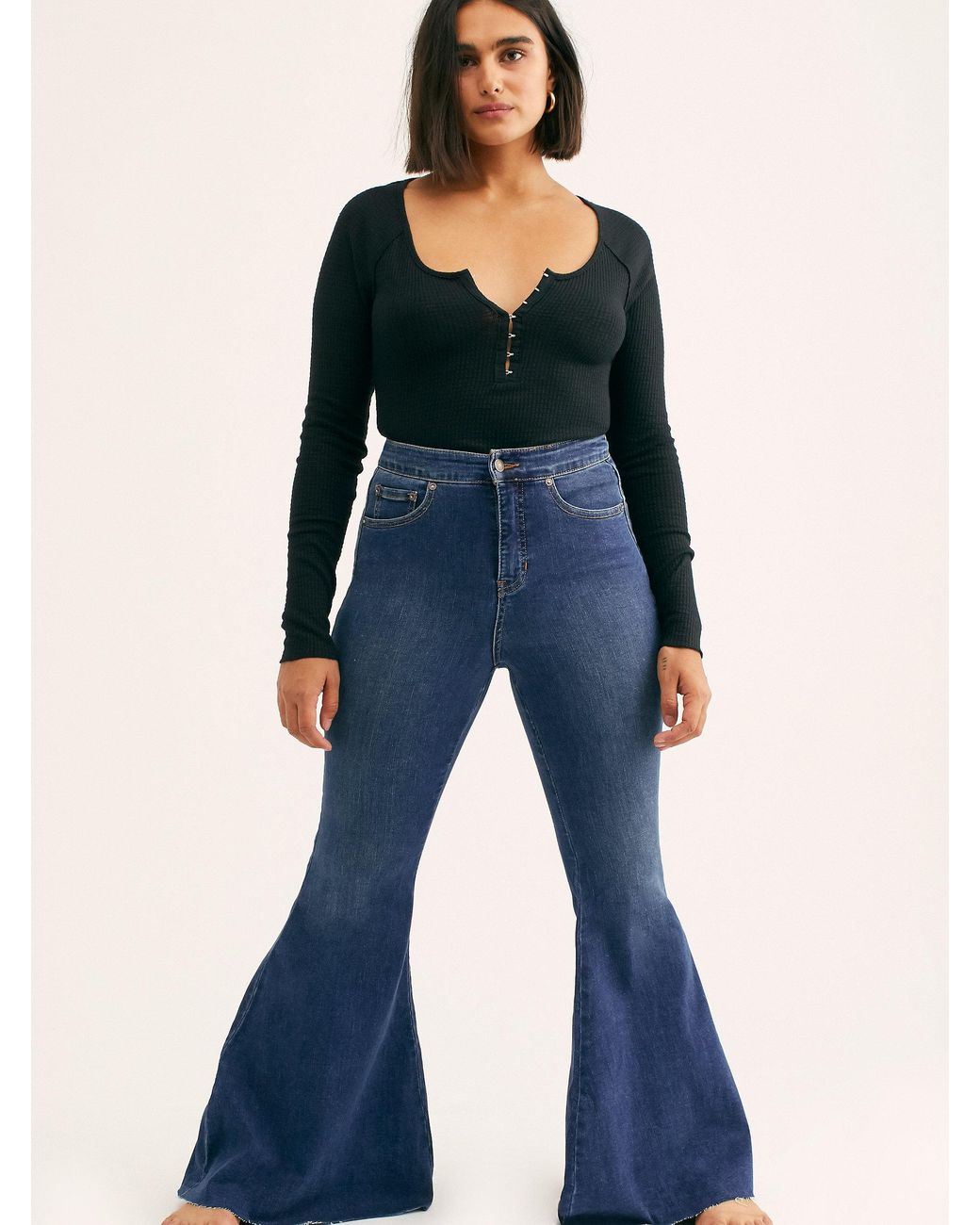 Free People Crvy Super High-rise Lace-up Flare Jeans in Blue | Lyst