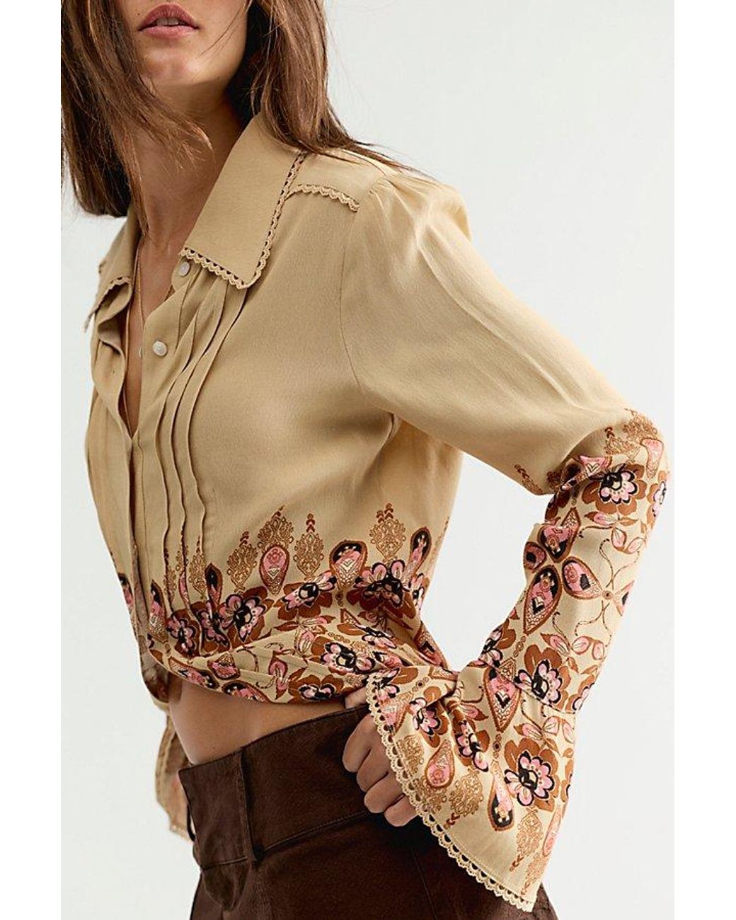 Free People Brown Melrose Printed Button Down Top