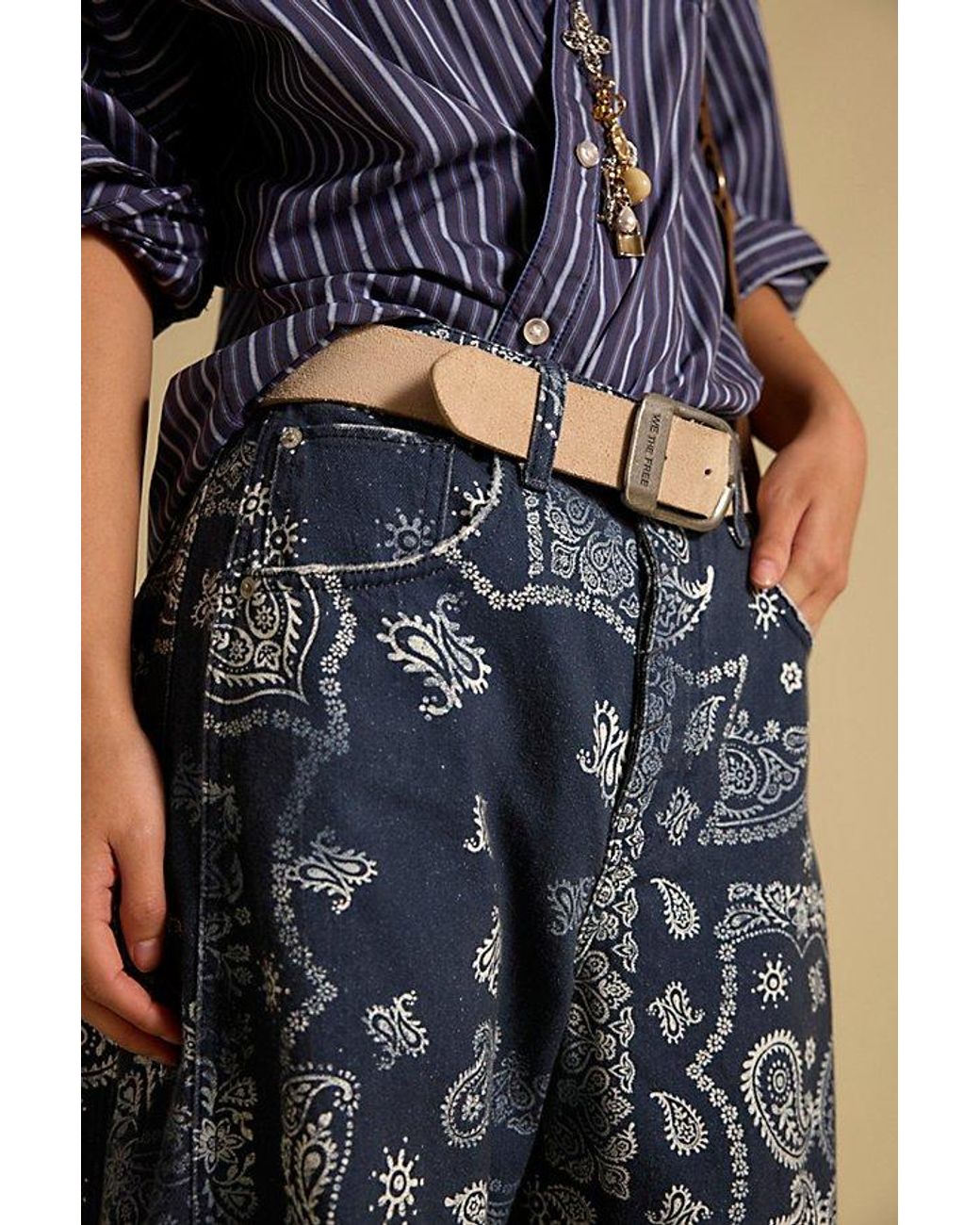 Free People Gray Good Luck Printed Barrel Jeans