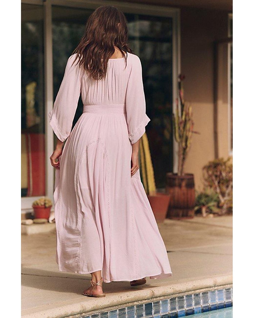 free people pink dresses with sleeves Free People puff sleeve floral print tiered midaxi dress in magenta pink
