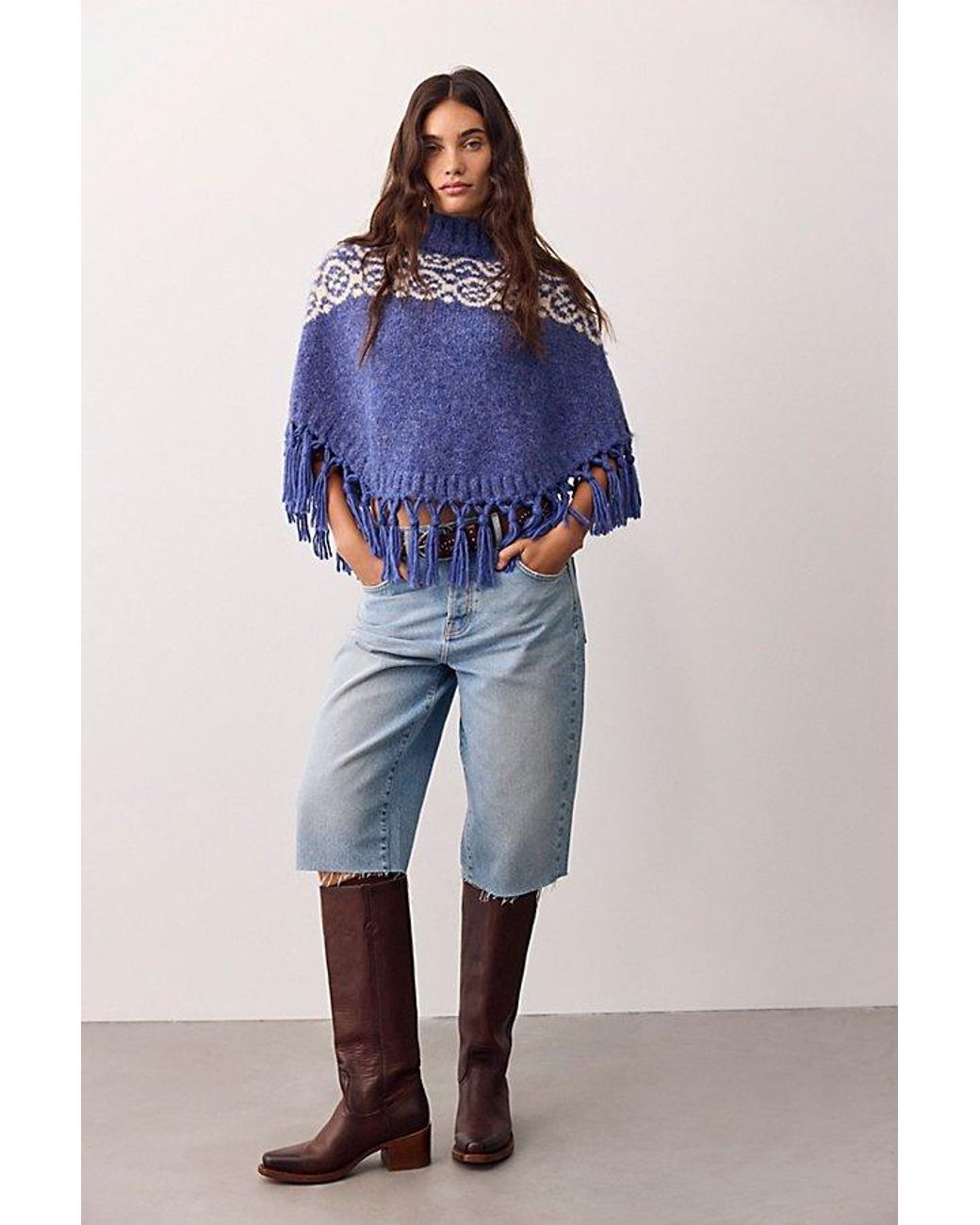 Free People Blue Emma Printed Poncho Jacket