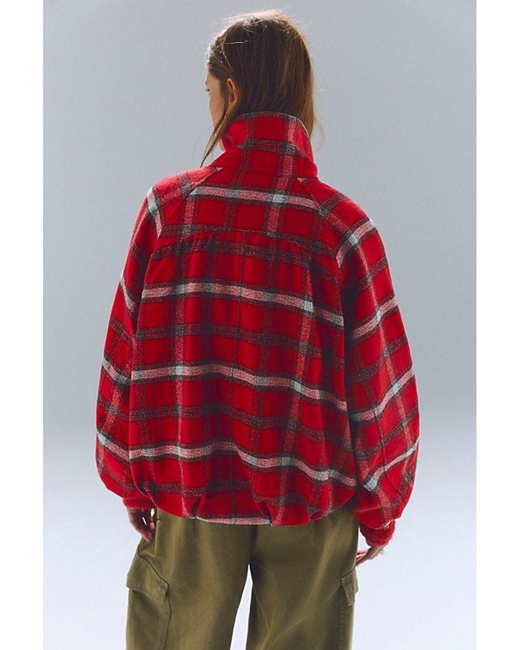 Free People Red Chelsea Plaid Funnel-Neck Oversized Jacket