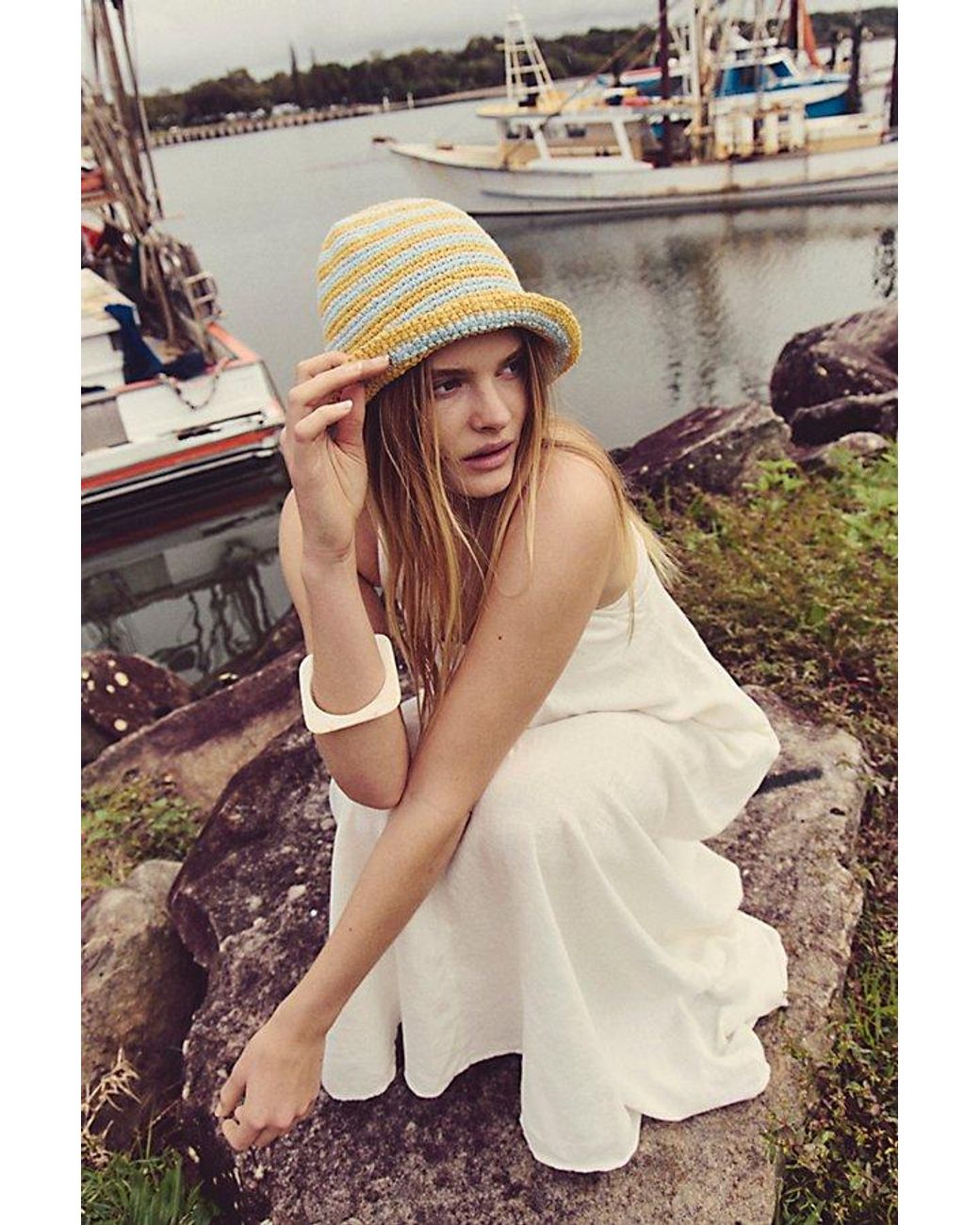 Free People White Striped Crochet Sailor Hat
