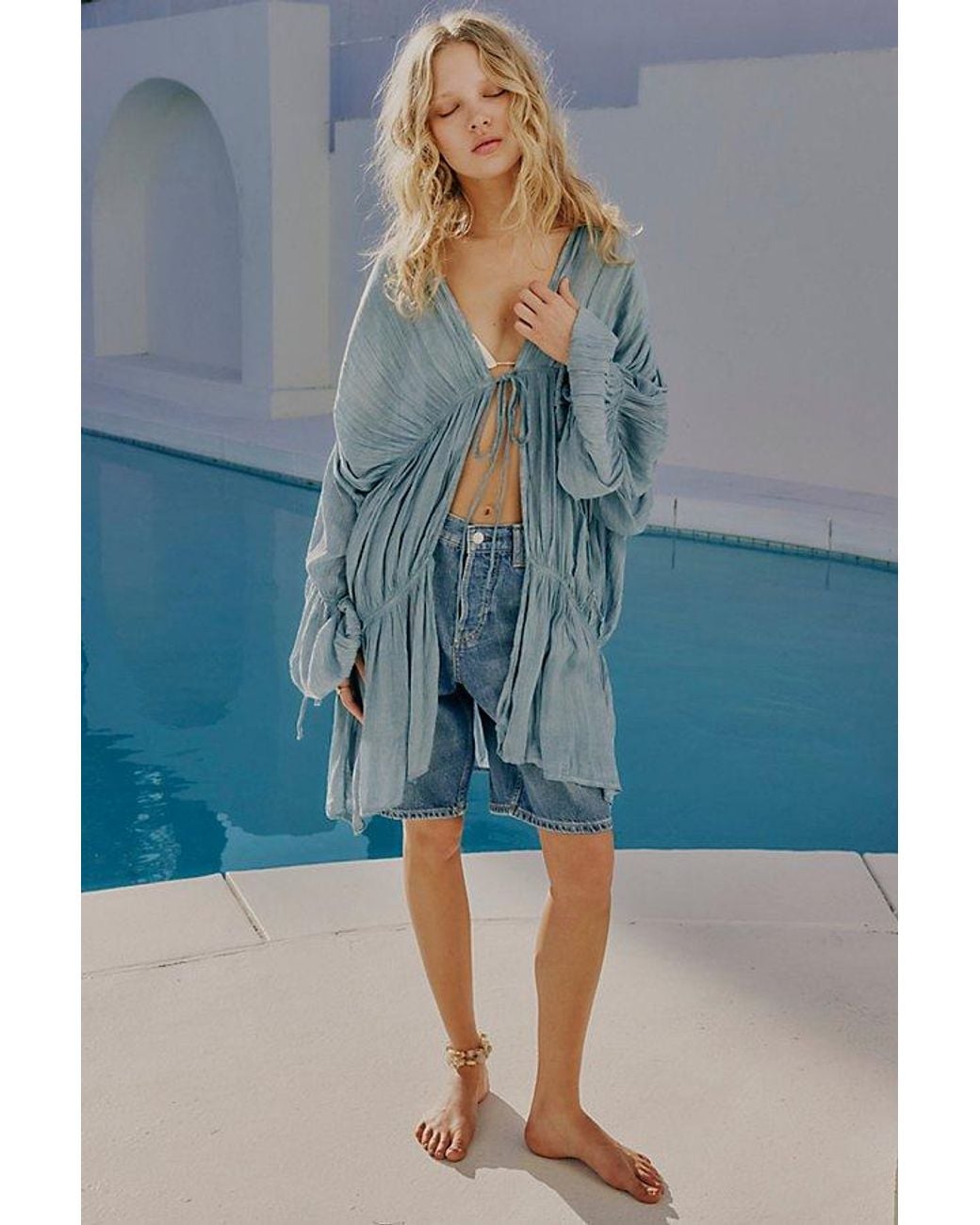 Free People Blue Juliet Sheer Tie-Front Duster Top