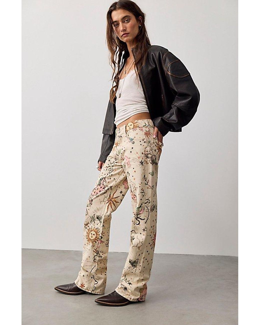 Free People Natural Luna Printed Mid-Rise Straight Jeans