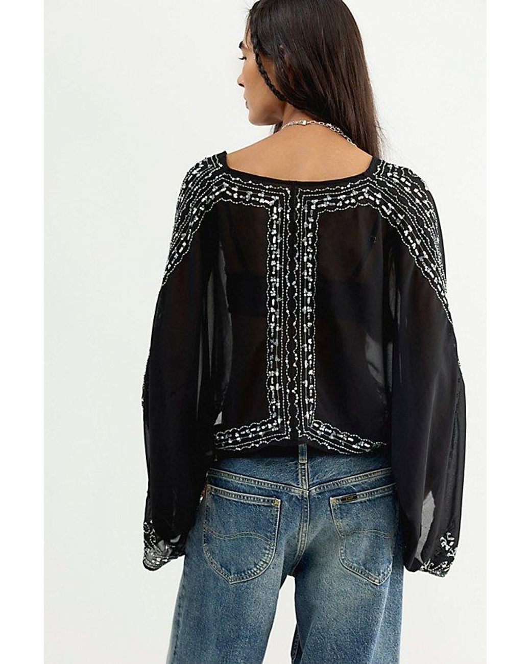 Free People Black Calla Embellished Cape Top