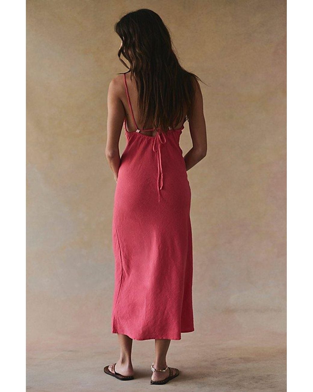 free-est Red Sandshell Linen Omnia Midi Slip Dress By