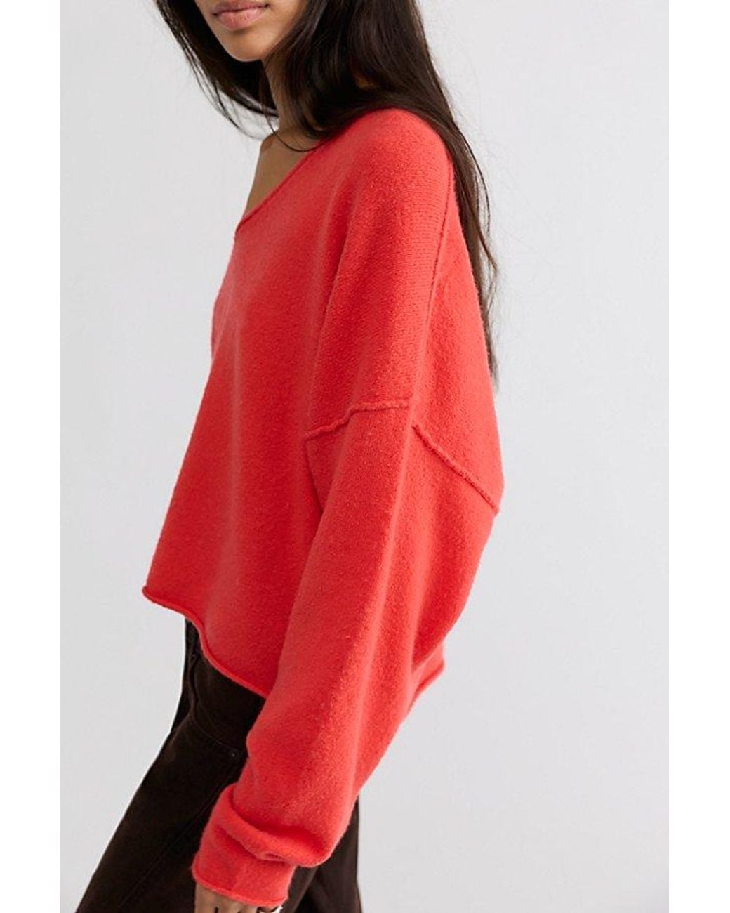 Free People Red See Me V-Neck Knit Pullover