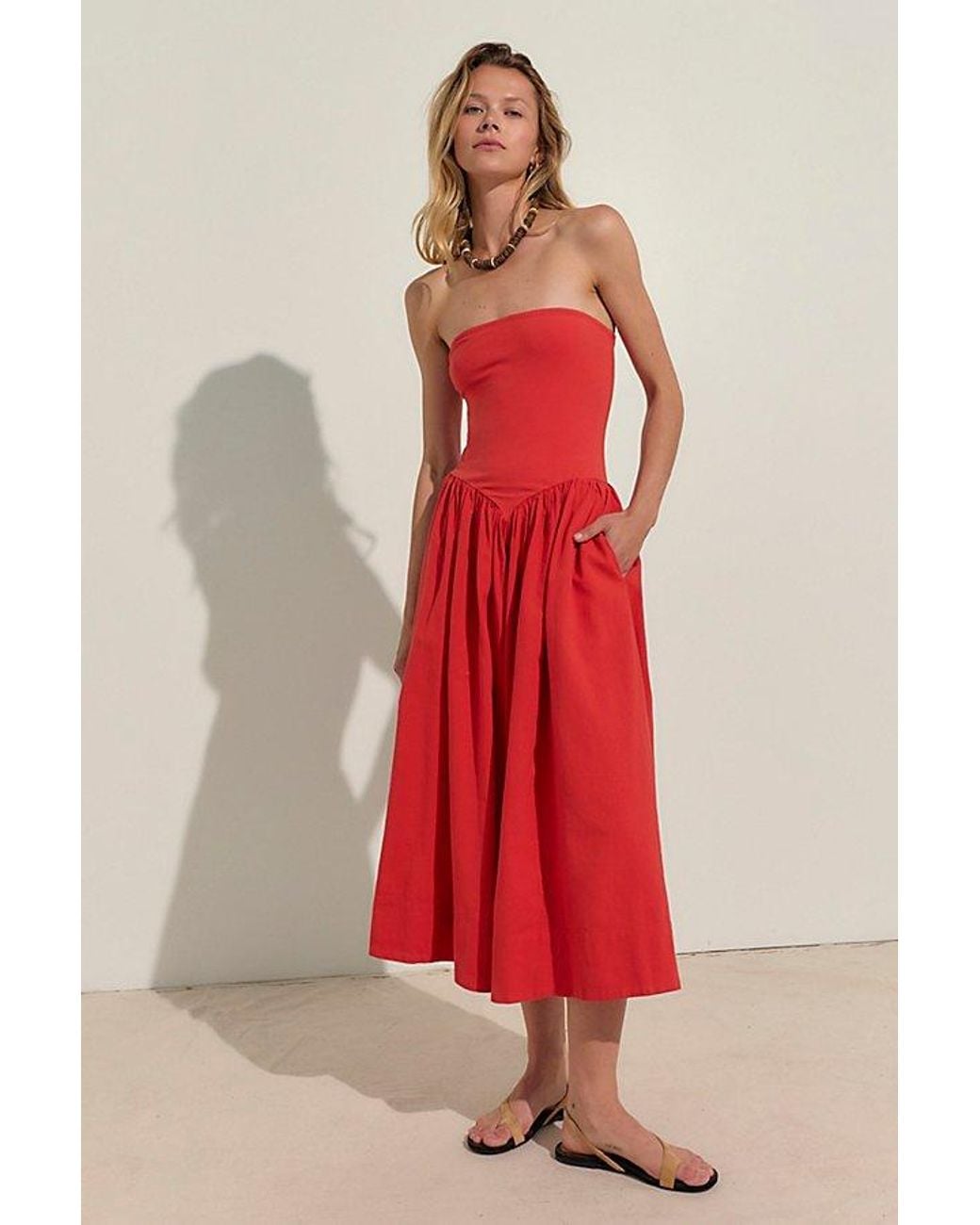 free-est Red Onda Drop-Waist Tube Midi Dress By