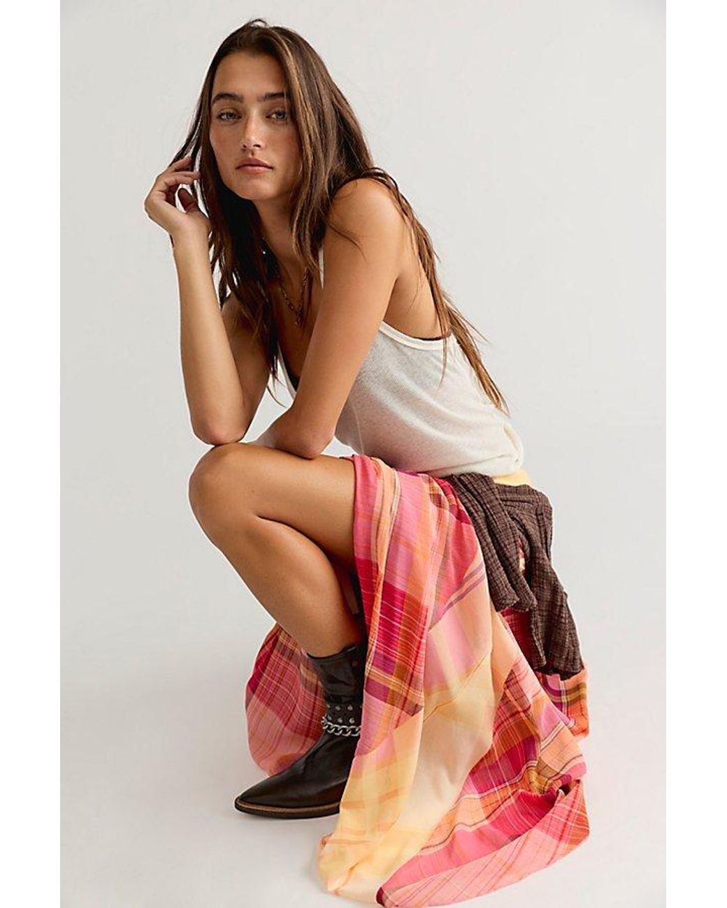 Free People Red Breezy Plaid Midi Skirt Set