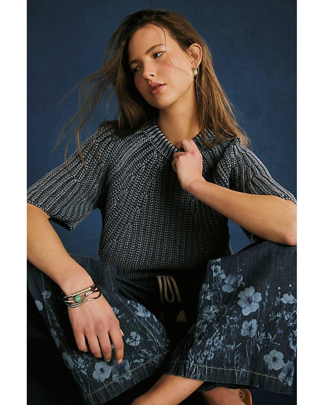 Free People Blue Amy Cotton Sweater Tee