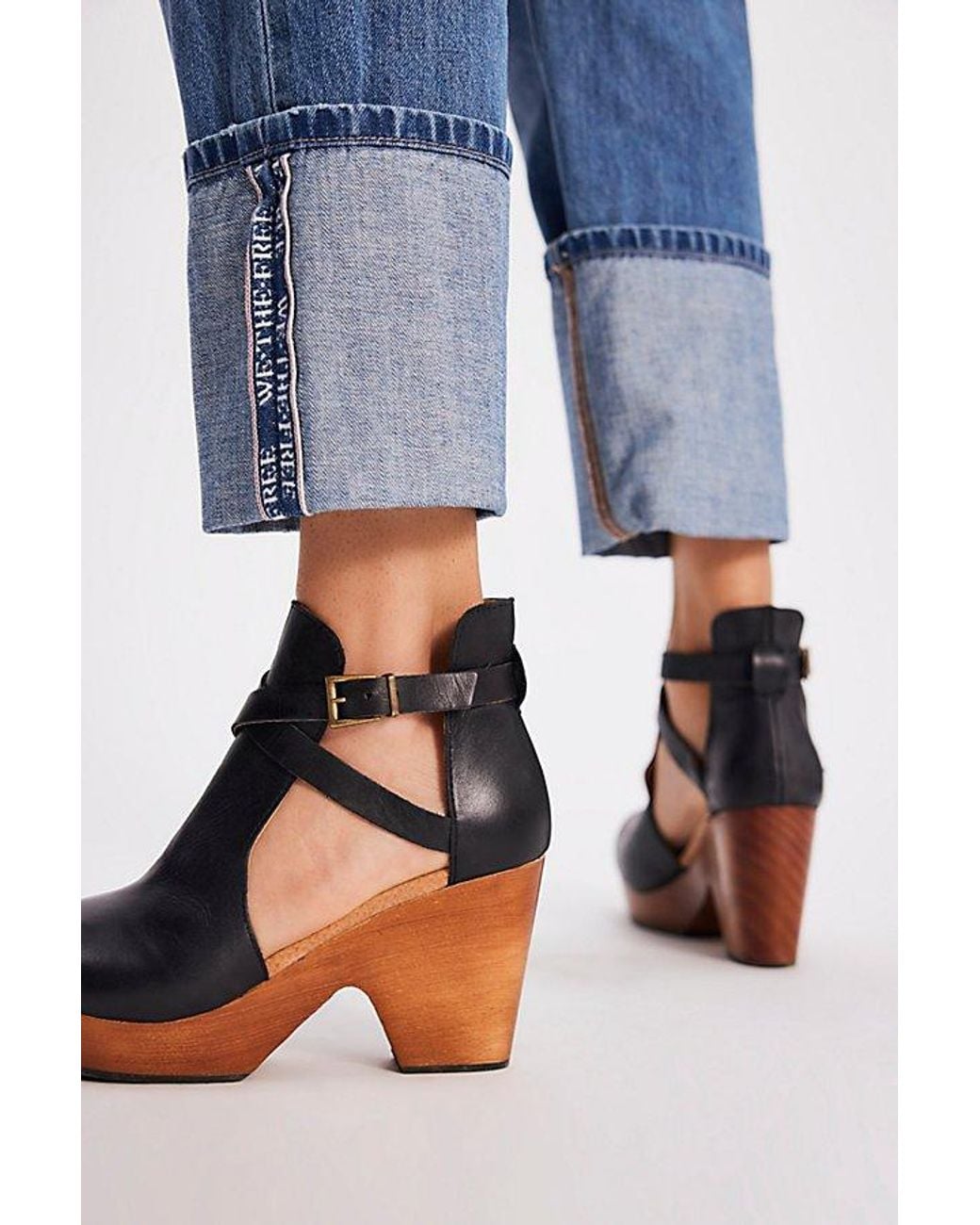 Free People Blue Leather Ankle Strap Clogs