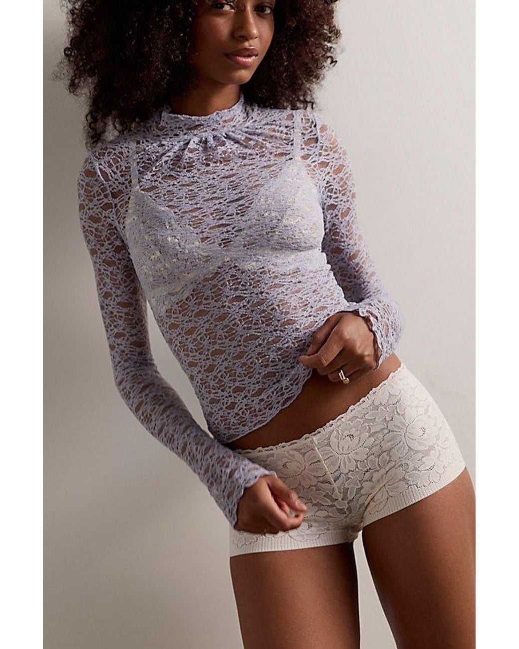 Intimately By Free People Blue Last Call Lace Mock Neck Long Sleeve By