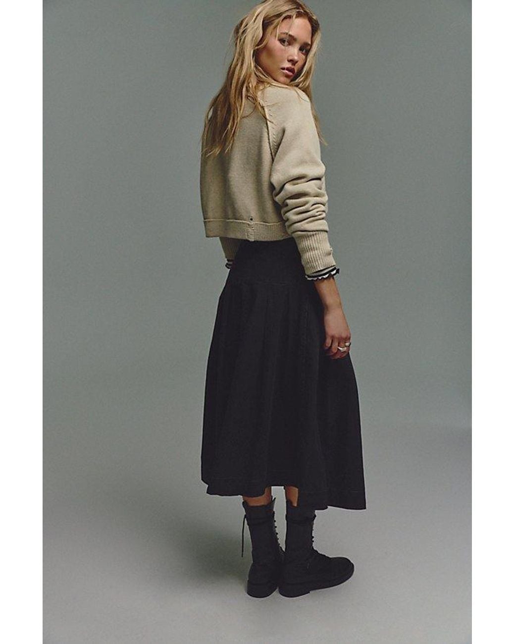 Free People Gray Skipper Pleated Chino Midi Skirt