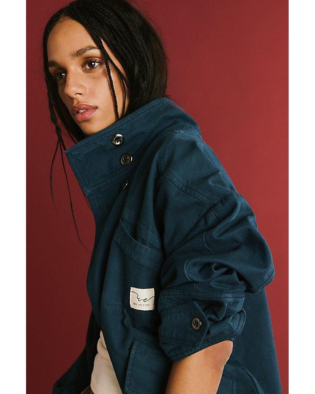 Free People Blue Collins Washed Canvas Funnel-Neck Jacket