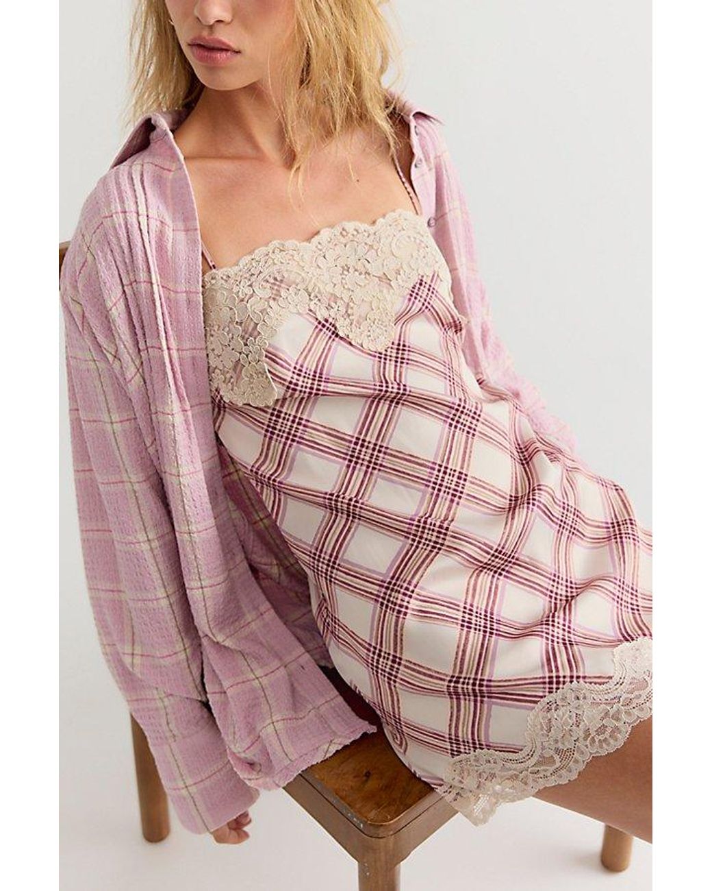 Free People Pink Canal Street Plaid Slip Dress Set