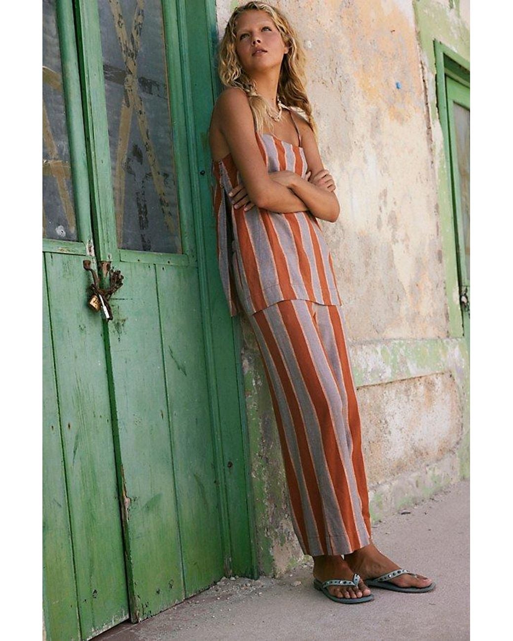 free-est Green Sightseer Linen Striped Pant Set By