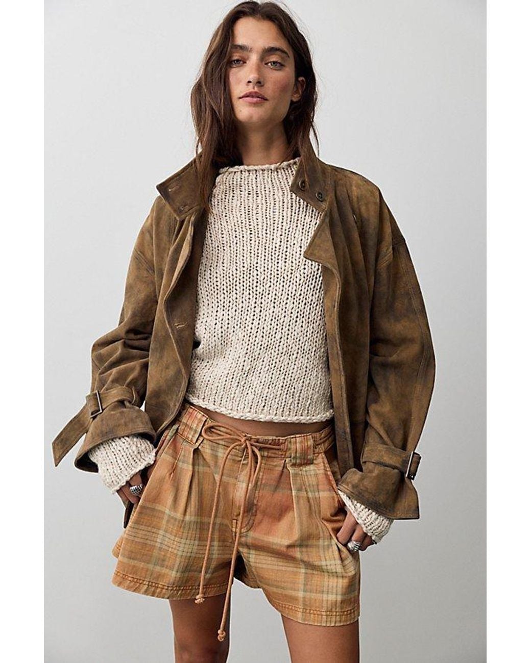 Free People Brown We The Free Julien Plaid Chino Shorts