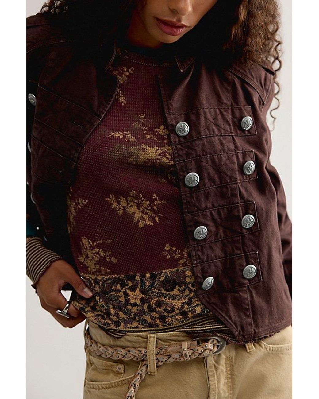 Free People Brown Easy Does It Printed Long Sleeve Tee