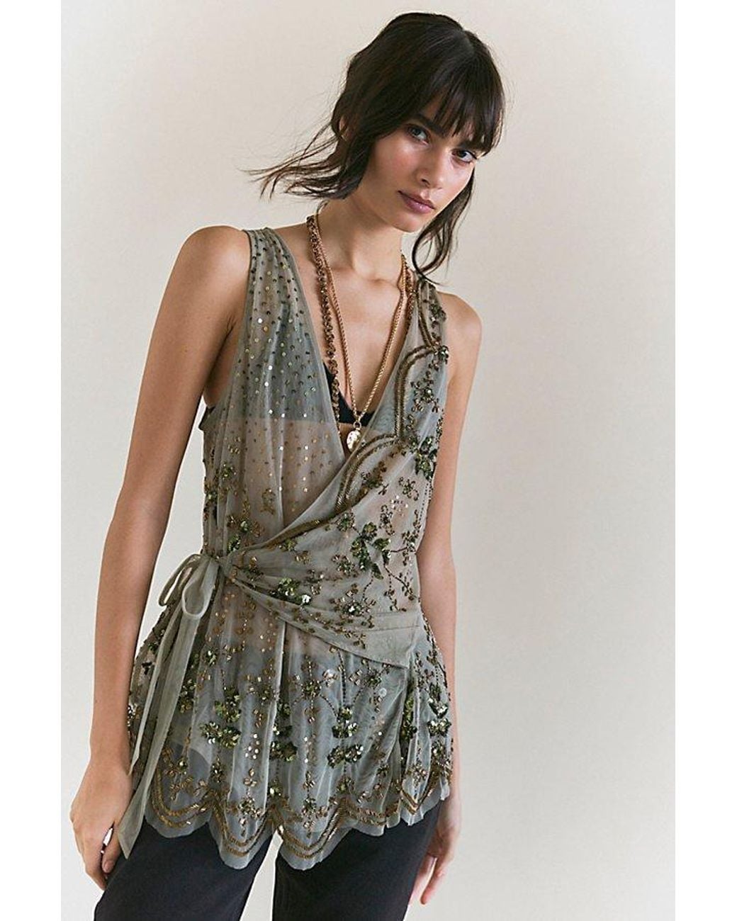 Free People Green Maika Embellished Tank Top